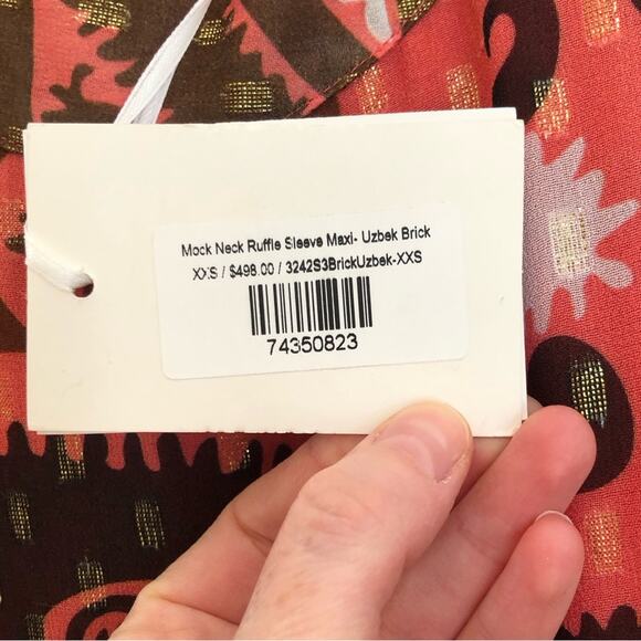 NWT Oliphant Tuckernuck Mock Neck Ruffle Sleeve Maxi Dress in Uzbek Brick XXS - Picture 8 of 8